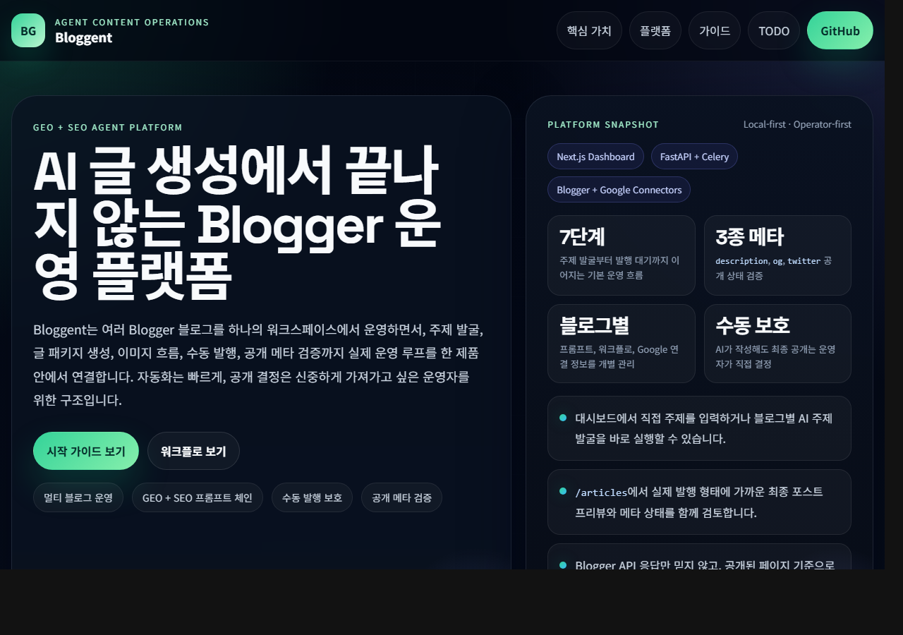 BloggerGent 소개 페이지 첫 화면. 멀티 채널 블로그 발행 스튜디오 설명이 보입니다.