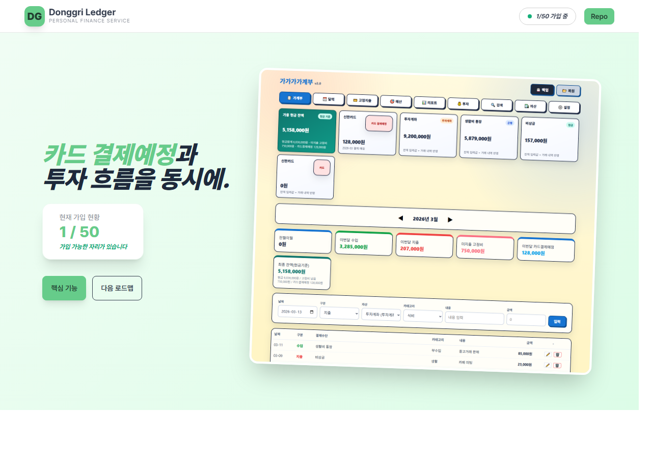 donggri_gagyeobu 소개 페이지 첫 화면. 개인 가계부 웹앱 구조와 사용 흐름이 보입니다.